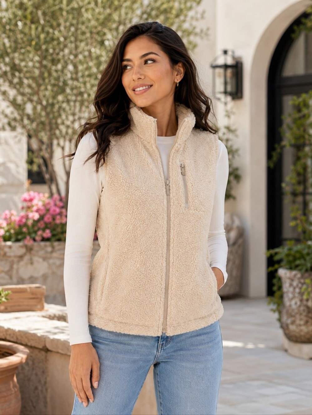 Calvin Klein Cream Sherpa Zip-Up Vest NWOT